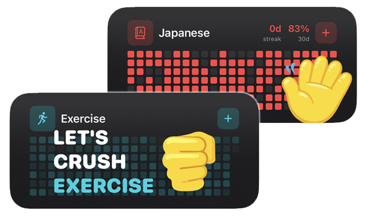 Widget screenshots showing motivational states